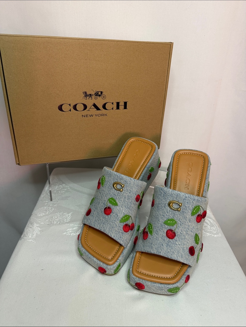 NIB COACH Marie Denim Cherry Embroidered Platform Wedge Slide Sandals Sz 7.5